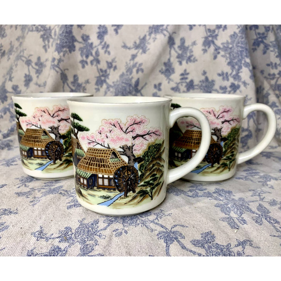 Set of 3 Vintage Handpainted Japanese Cherry Blossom Porcelain Mugs - Picture 2 of 10